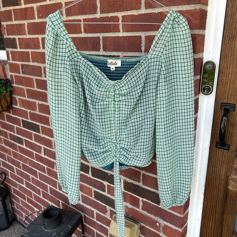 Wild Fable Green and White Puff Sleeve Ruched Blouse